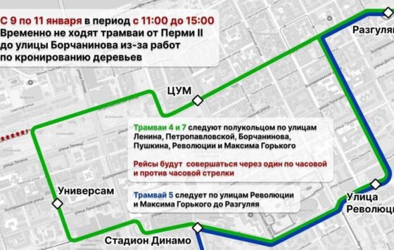 С 9 января в Перми временно изменится схема движения трёх трамваев 